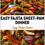 Top view of a colorful Fajita Pan Sheet with grilled chicken, peppers, and onions for a Sheetpan Fajitas Chicken dinner.